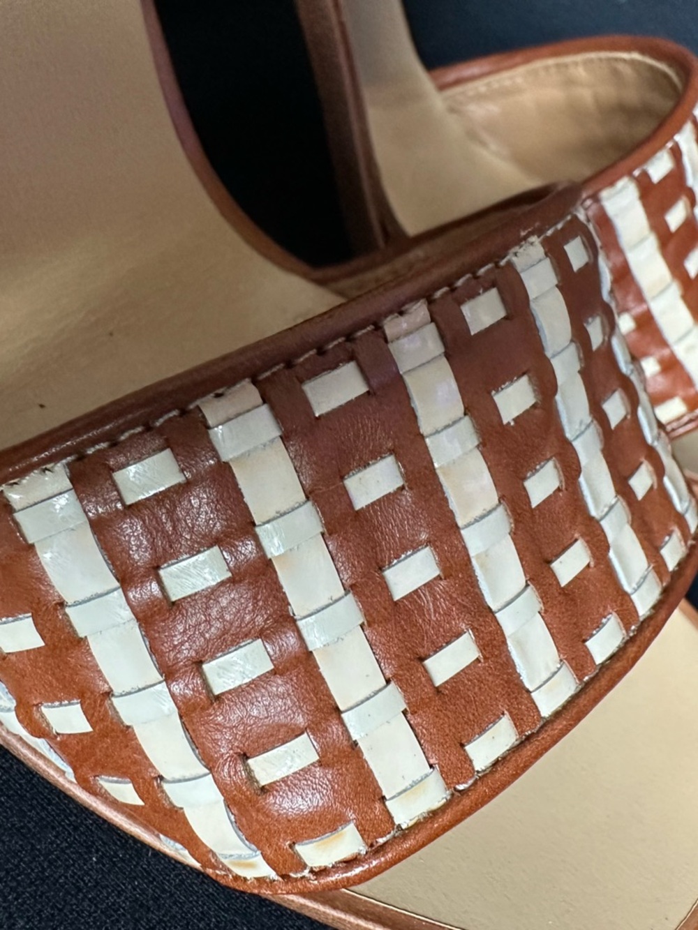 Made in Italy Brown & Cream Woven Slingback Block Heels strap and buckle sandals - Picture 11 of 16